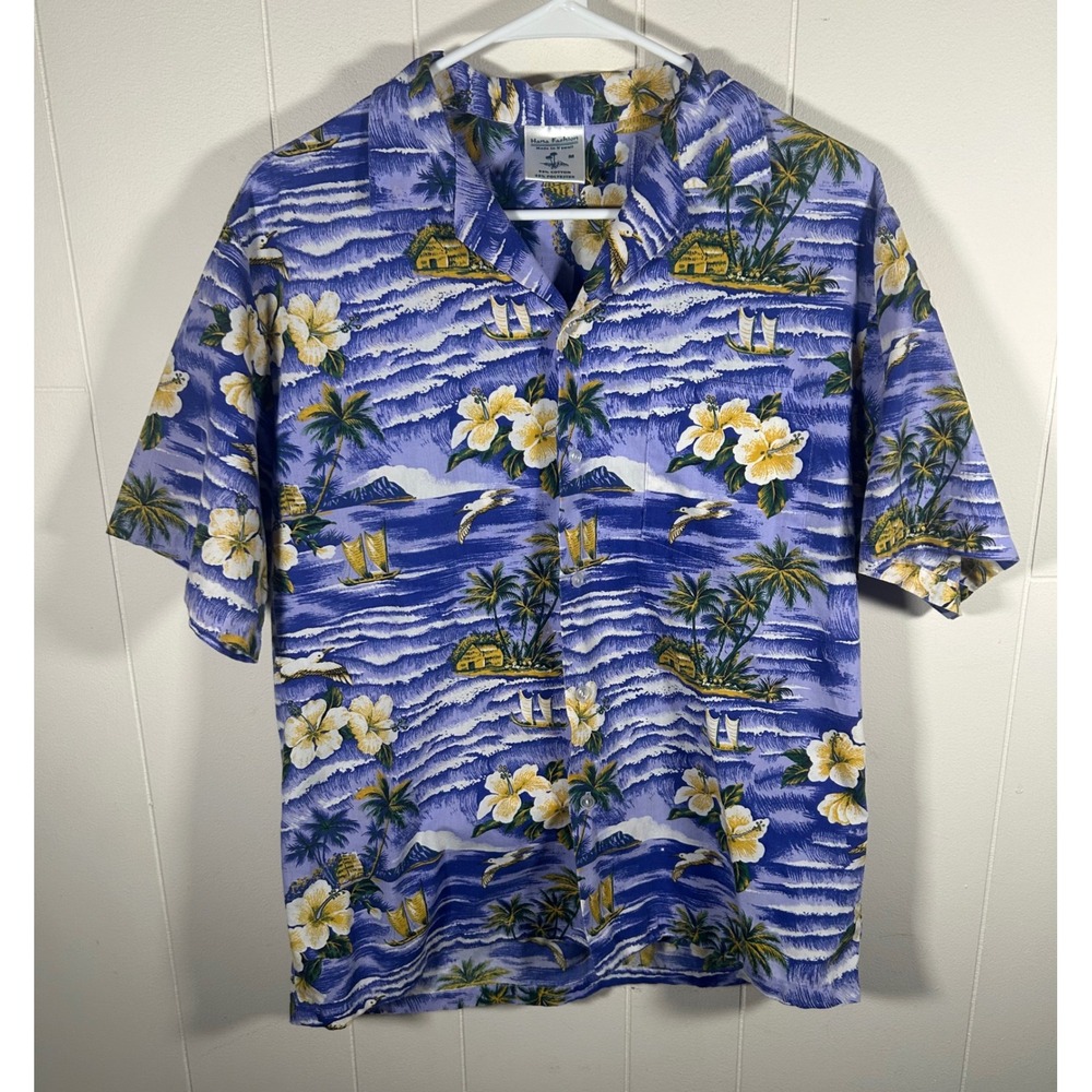 Hana Fashion Hawaiian Shirt Mens Medium Purple Tropical Hibiscus Made in Hawaii